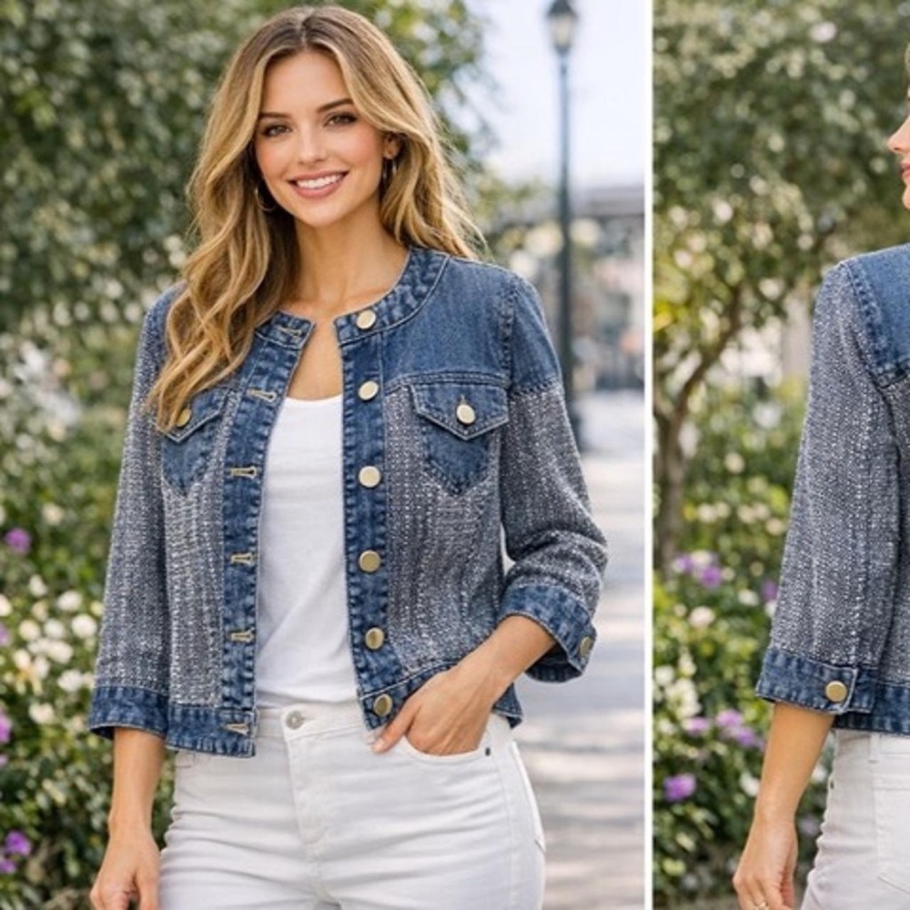 Chicos Unique Denim Jacket Patchwork Denim Metallic Tweed Womens 1 Fits 8 M
